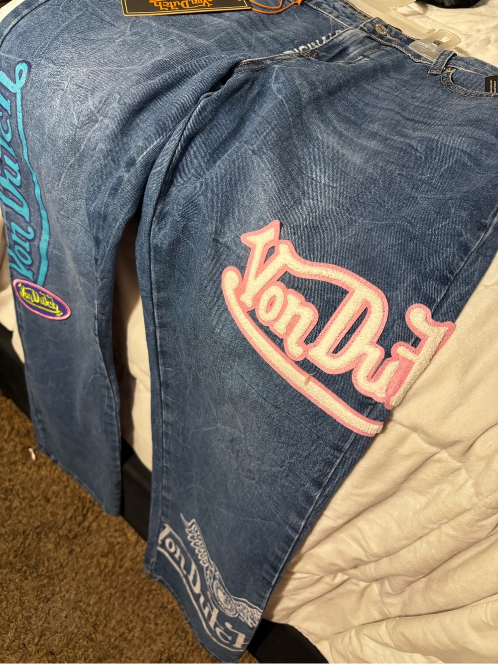 Von Dutch Blue Denim Jeans with Pink & Teal Patches - Picture 7 of 8